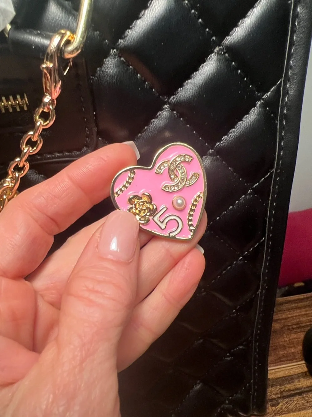 Pink Heart C Inspired Enamel Brooch with Pearl Accent - Picture 3 of 7